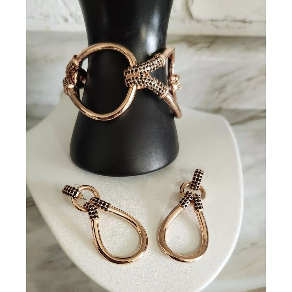 Giles & Brother G&B Rose Gold‎ Cuff Link Bracelet w/ Dangling Loop Earrings Set